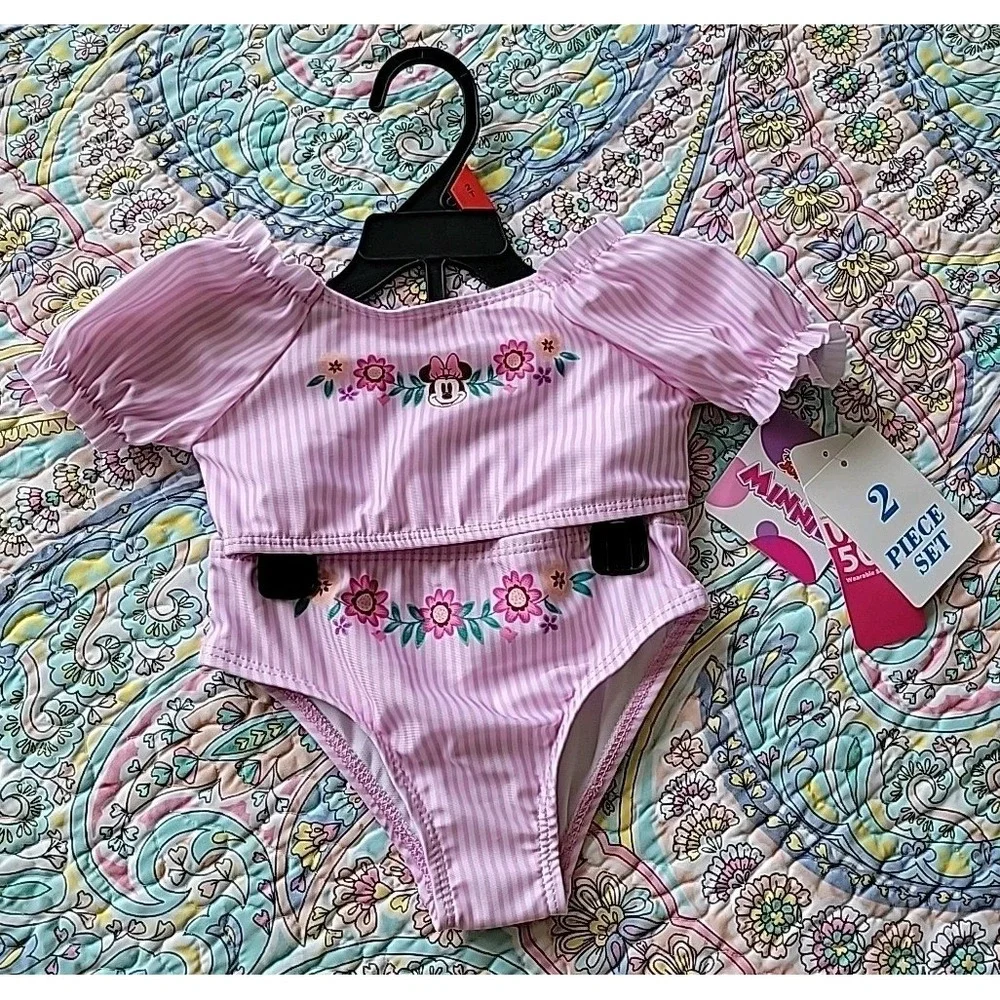 Minnie Mouse Two Piece Swim Suit Size 2t Pink Striped UPF Floral New NWT Bikini
